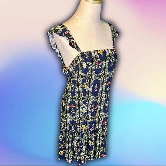 Agua Bendita for Target Navy Blue Floral Tile Print Ruffled Mini Dress Size S - Picture 15 of 16
